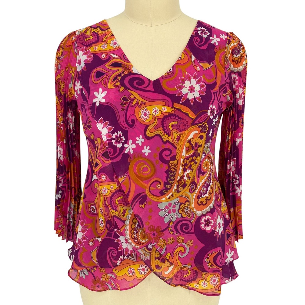 Hot‎ in Hollywood Blouse Pink Orange Paisley Pleated Sleeve Chiffon XL